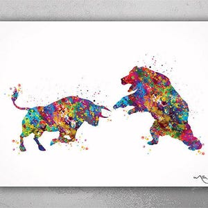 Bull and Bear Watercolor Print Office Decor Wall street Stock Market Exchange Bull vs. Bear Business World Wall Art Investor Trader Gift-356
