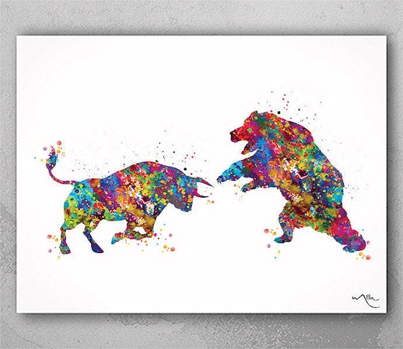 Bull and Bear Watercolor Print, Wall Street Decor-356