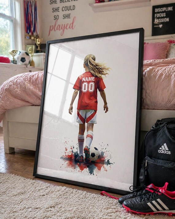 Personalized Girls Soccer Art Print, Custom Watercolor Poster-4000