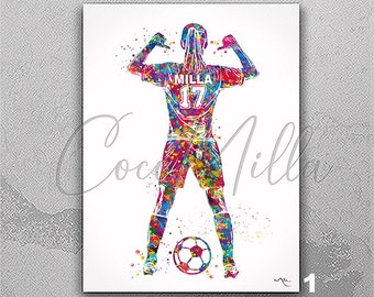 Soccer Player Girl Personalized Watercolor Print Female Football Soccer Player Female Soccer Woman Personalized Gift Customize Wall Art-2546