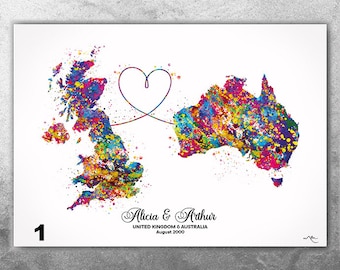 Personalised Map Print Watercolor Print Any Two Maps Moving Abroad Present Distance Gifts Country to Country Customized Wall Art-2634