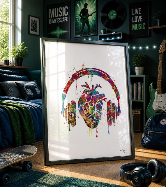 Heart Anatomy Watercolor Print, Headphones Music Lover Art-133