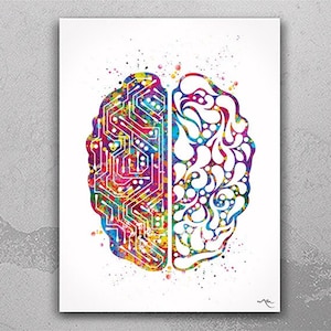 Könnte beinhalten: Ein farbenfroher Aquarelldruck eines menschlichen Gehirns, geteilt in zwei Hälften. Eine Seite zeigt ein Leiterplattendesign in leuchtenden Rot-, Gelb-, Blau- und Lilatönen. Die andere Seite hat ein abstraktes Muster in ähnlichen Farben. Auf weißem Hintergrund.