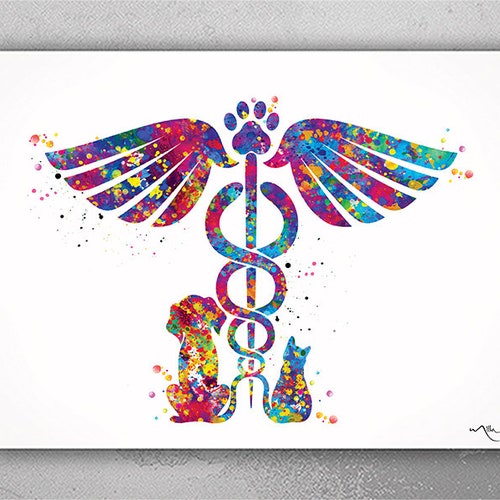 Veterinary Caduceus Art Watercolor Print Vet Tech Art Gift Etsy