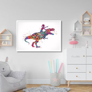 Dinosaur Rider Girl Watercolor Print Little Girl and T-Rex Art Gift Birthday Party Girls Room Decor Wall Art Nursery Decor Wall Hanging-2263 image 3