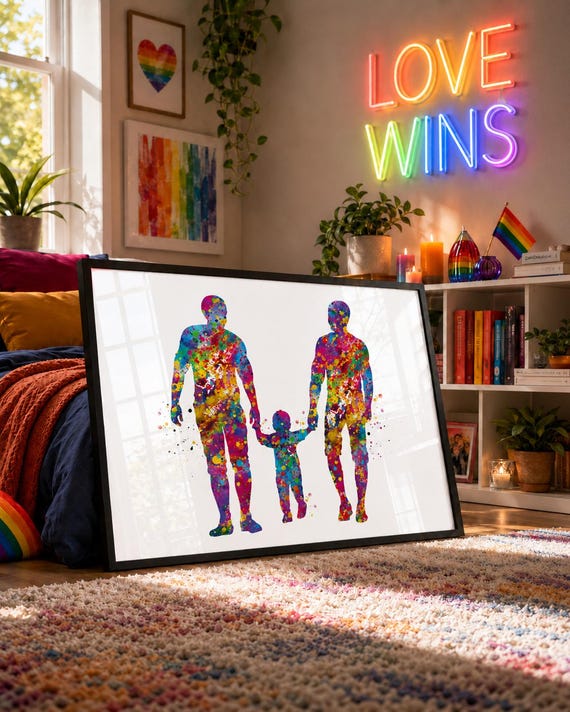 Two Dads Watercolor Print: Same Sex Adoption, LGBT Family Art-557