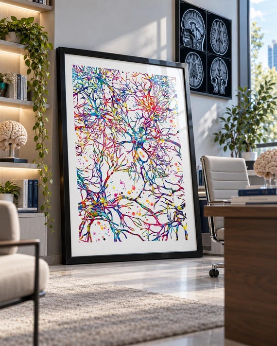 Watercolor Neuron Print, Colorful Neural Network Brain Art-1474