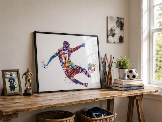 Personalized Soccer Player Boy Watercolor Print, Custom Football Gift