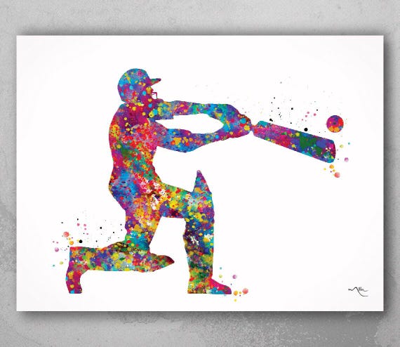 Cricket Player Watercolor Art Print, Boys Sports Room Decor-1892