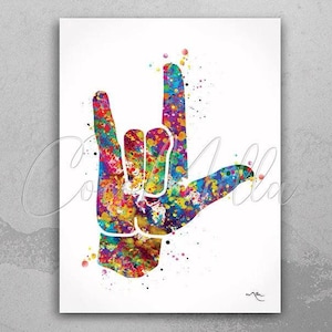 I Love You ASL American Sign Language Watercolor Print Hand Signing Deaf Diagram Love Poster Sign Language Manual Alphabet Medical Art-387
