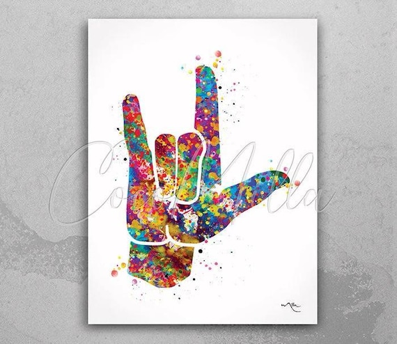 I Love You ASL Print, Colorful Hand Sign Watercolor Poster-387