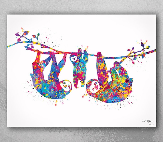 Sloth Family Watercolor Print Children's Kids Wall Art Wedding Gift Family Housewarming Gift Nursery Wall Decor Home Decor Wall Hanging-401