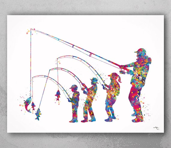 Father & Kids Fishing Watercolor Art Print, Family Wall Decor-2382