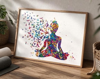 Yoga Art Print, Sukhasana Pose, Colorful Watercolor Birds-899