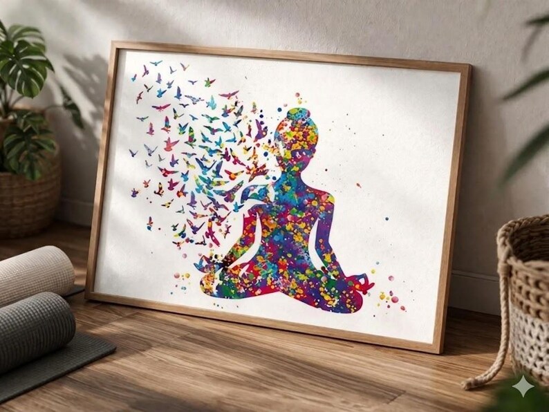 May include: A framed watercolour print shows a meditating figure in a lotus position, made of colourful paint splatters. Birds in various colours are emerging from the figure's head. The artwork is set against a white background.