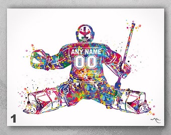 Ice Hockey Goalie Male Boy Man Personalized Watercolor Print Hockey Goalkeeper Teen Decor Personalized Gift Customize Hockey Wall Art-2624