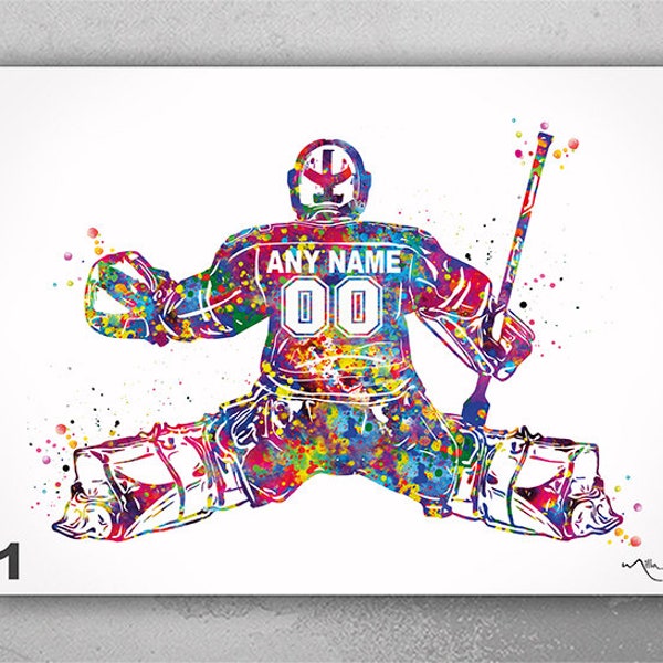 Ice Hockey Goalie Male Boy Man Personalized Watercolor Print Hockey Goalkeeper Teen Decor Personalized Gift Customize Hockey Wall Art-2624