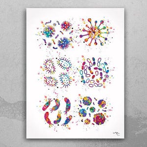 Bacteria Watercolor Print Medical Art Wall Art Bioscience Microbiology Virus Art Abstract Biology Bacteriophage Microscopy Science Decor-231