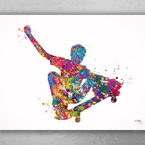Presente de skatista com impressão em aquarela, skate, esporte de rua, arte de parede, decoração de parede, quarto de menino, decoração de berçário, arte de parede de skate-1409