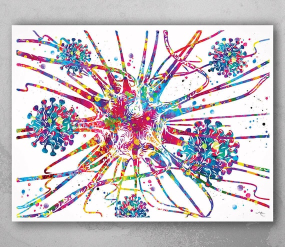 Neuron Watercolor Print | Brain Cell, Virus, Neurology Art-1429
