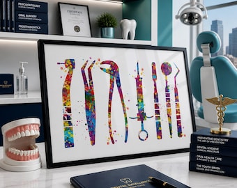 Dentist Tools Watercolor Print, Colorful Dental Office Art-240