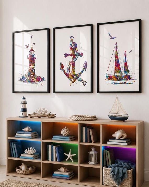 Watercolor Nautical Print Set: Coastal Lighthouse, Sailboat, Anchor-1660
