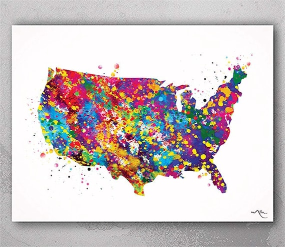 USA Watercolor Map Art Print, Patriotic Wall Decor-263