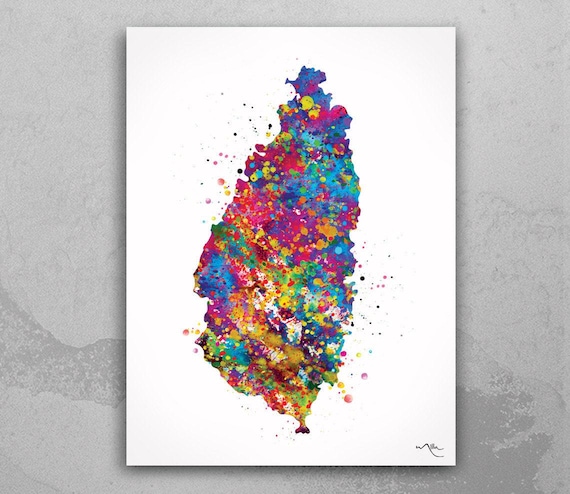 Saint Lucia Map Print, Colorful Watercolor Caribbean Island Wall Art-987