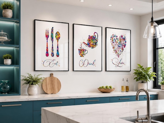 Watercolor Kitchen Art Print Set, Eat Drink Love, Set of 3-2380