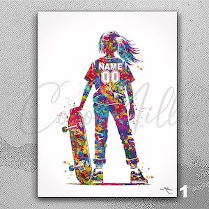 Personalised Skateboarder Girl Watercolor Print Skate Girl Female Woman Skating Personalized Gift Christmas, Customize Wall Art-2890
