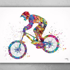 Downhill Mountain Biking Watercolor Print Dirt Bike Mountain Biker Poster Stunt Racing Bike Extreme Sport Print For Him Sports Wall Art-1854