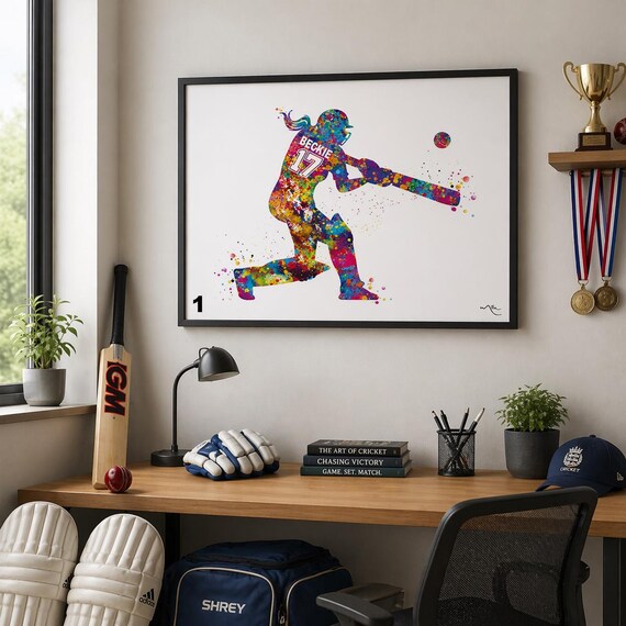 Female Cricket Player Watercolor Art Print, Personalized Gift-2617