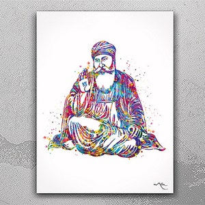 May include: A colourful watercolour painting of a man wearing a turban, sitting in a meditative pose. The painting is on a white background and has a colourful splash effect.