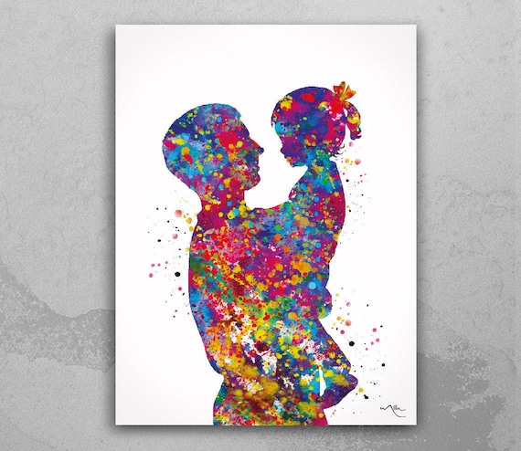 Father & Daughter Watercolor Print, Colorful Dad Gift-1896