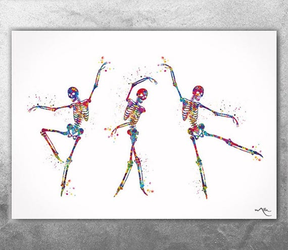 Dancing Skeletons Watercolor Print – Yoga, Sports Room Decor-2703