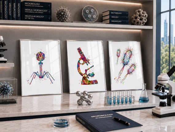 Microbiology Watercolor Print Set, Virus, Microscope, Bacteriophage-78