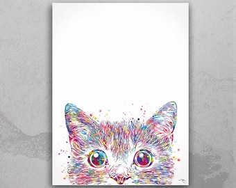 May include: A colorful watercolor painting of a cat's face peeking out from the bottom of the image. The cat's eyes are large and round, and its fur is a mix of pink, blue, green, and yellow.