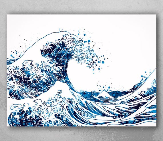 The Wave Off Kanagawa Art Print, Navy Blue Watercolor-104