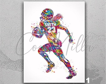 Personalized Watercolor Football Girl Print, Custom Team Gift-2801