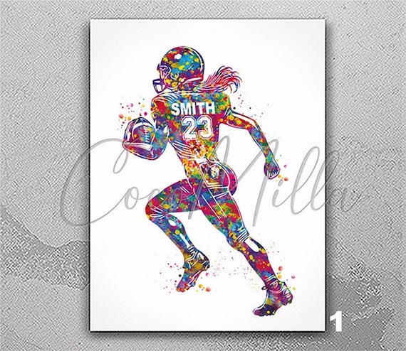 Personalized Watercolor Football Girl Print, Custom Team Gift-2801