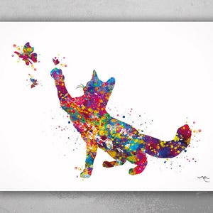 Cat and Butterfly Watercolor Print, Colorful Kitty Wall Art-2056