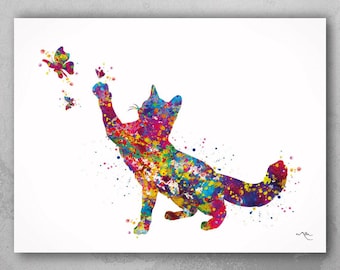 May include: A colorful watercolor print of a cat reaching for butterflies. The cat's silhouette is filled with vibrant splashes of red, blue, yellow, and green. The butterflies are also multi-colored, set against a white background.