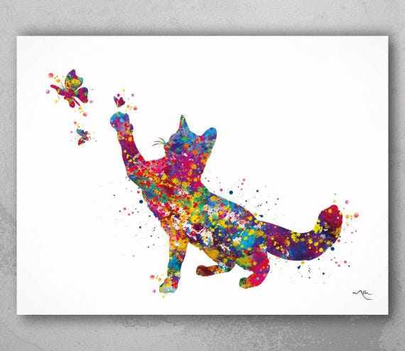 Cat and Butterfly Watercolor Print, Colorful Kitty Wall Art-2056