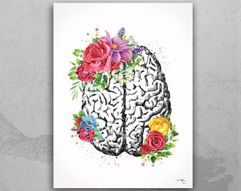 Brain Anatomy Floral Watercolor Print, Medical Neurology Art-1334