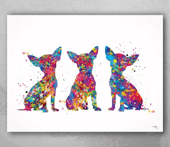 Three Chihuahua Dogs Watercolor Art Print, Puppy Pet Portrait-1505