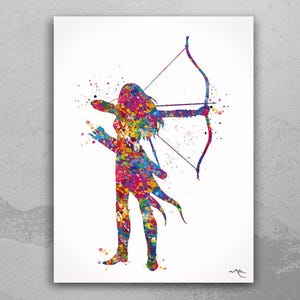 May include: A colourful watercolour painting of a person with a bow and arrow. The person is depicted in a dynamic pose, with the bow drawn back and the arrow pointed forward. The colours are vibrant and bold, creating a sense of energy and movement.