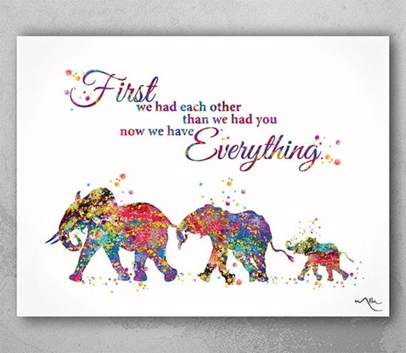 Elephant Family Watercolor Print: Mom, Dad & Baby Wall Art-1543