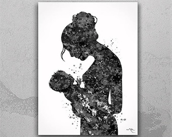 Mother and Baby Watercolor Art Print, Nursing Newborn Gift-827