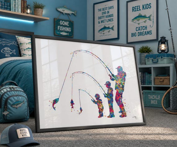 Father & Sons Fishing Watercolor Art Print, Nursery Decor-2059