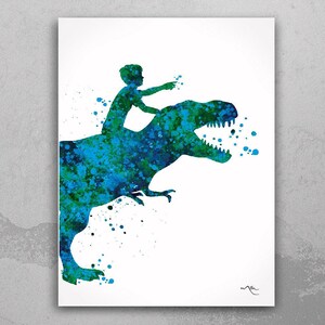 Dinosaur Rider Boy Watercolor Print Little Boy and T-Rex Art Gift Birthday Party Boys Room Decor Wall Art Nursery Decor Wall Hanging-1941